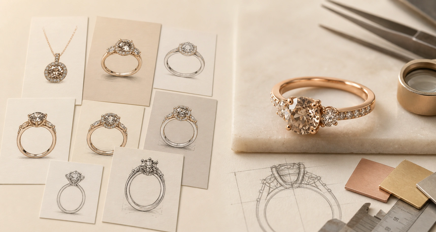 AI jewelry concept variations compared with a finished custom ring