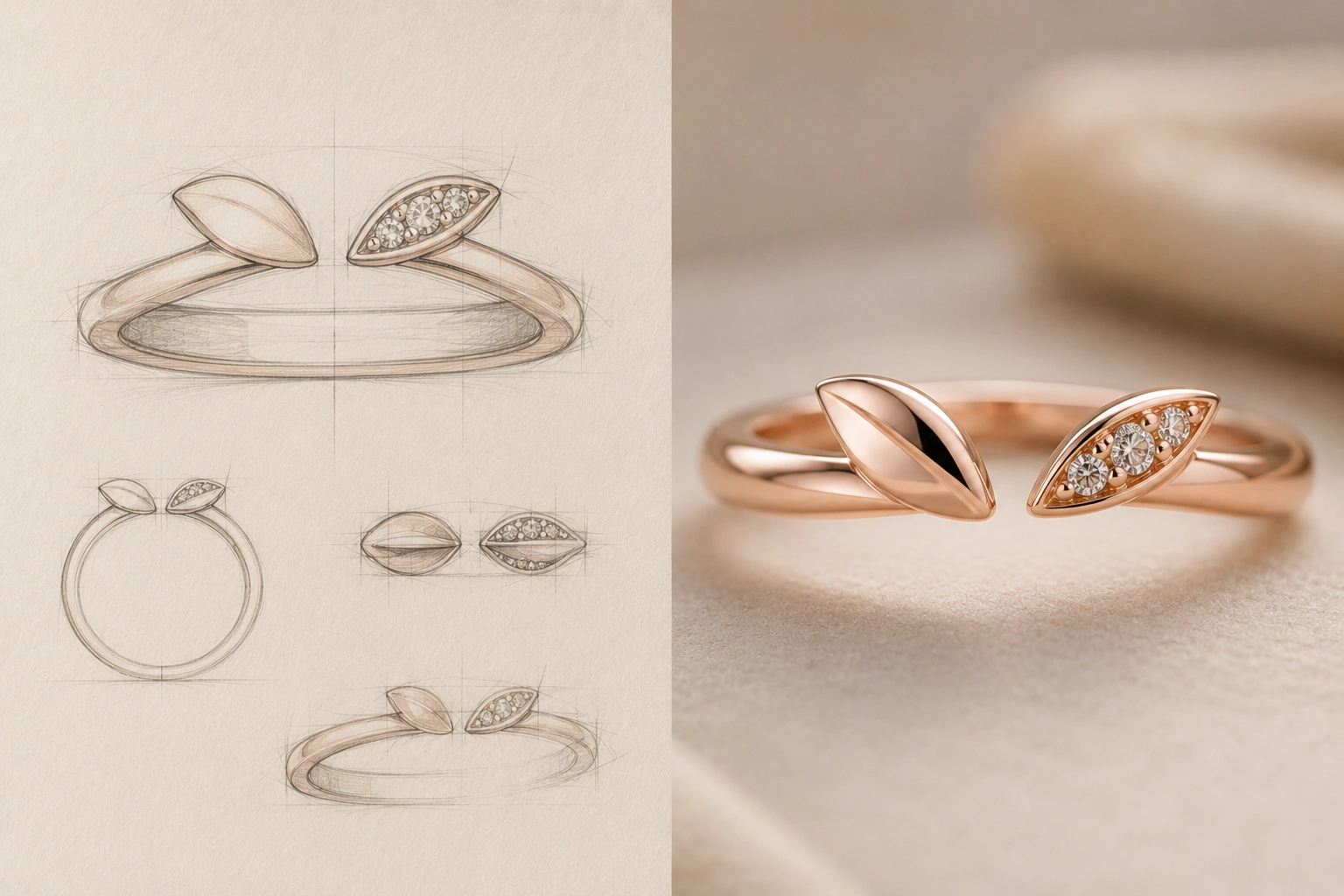 AI concept sketch compared with real rose-gold open petal ring