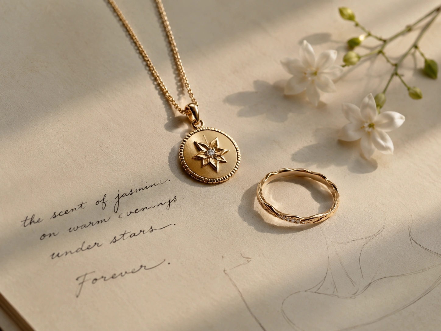 Editorial still life showing how a handwritten story note, jasmine flowers, a pendant, and a ring can become one jewelry direction.